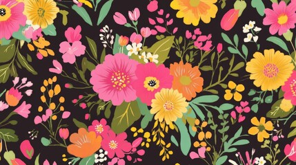 Obraz premium Vibrant floral pattern with pink, yellow, and orange blooms on black background
