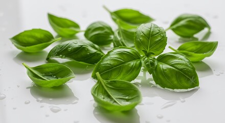Fresh Basil Leaves on White Background