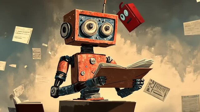 A vintage robot reading a book amidst flying papers and playful animated objects in a whimsical setting