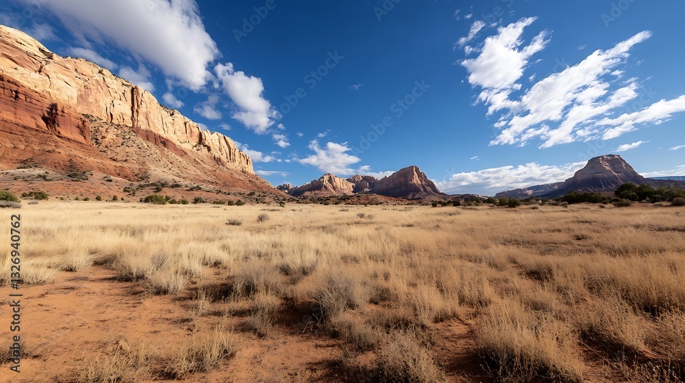 Aufkleber stunning panoramic view of arid desert landscape under a bright blue sky with fluffy clouds : genera
