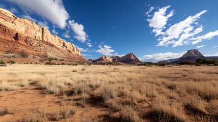 Naklejka premium Stunning panoramic view of arid desert landscape under a bright blue sky with fluffy clouds : Generative AI