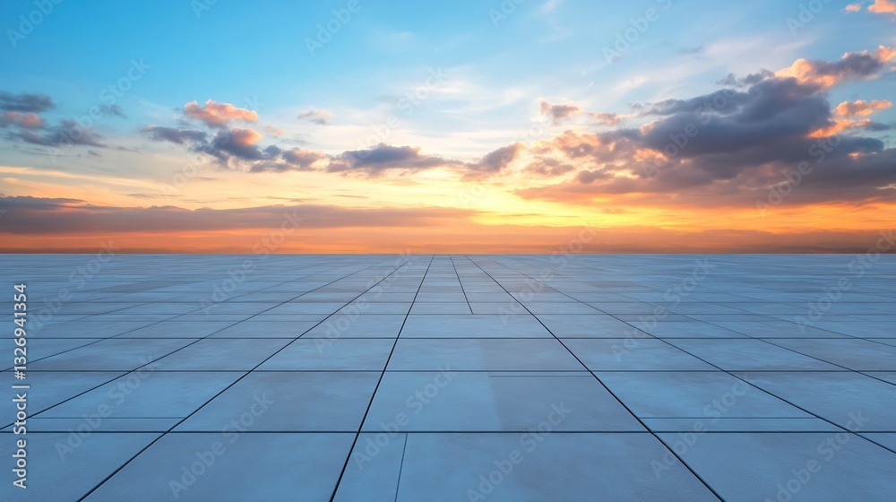 Poster expansive view of a flat white tiled surface under a bright colorful sunset sky : generative ai