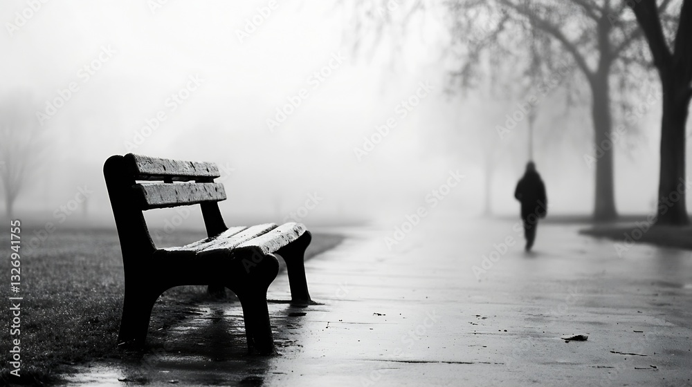 Poster a solitary park bench in foggy weather creates a serene atmosphere inviting contemplation and reflec