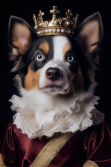 Australian Shepherd dressed as a queen wearing an ornate golden crown adorned with pearls and a silk gown