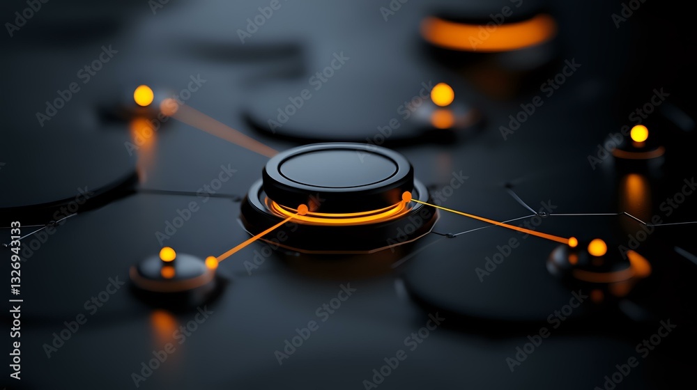 Poster futuristic black circular nodes connected by glowing orange lines creating network visualization on 