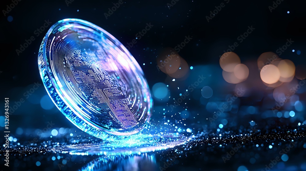 Poster glowing cryptocurrency coin with digital circuit pattern falling on dark surface with blue bokeh lig