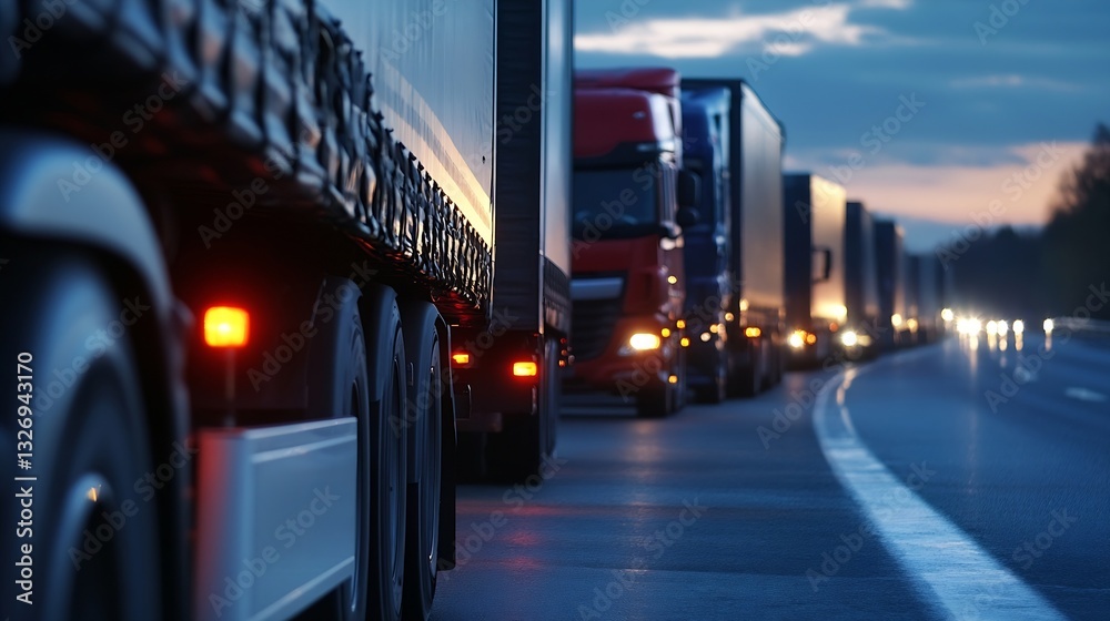 Aufkleber A line of trucks on a busy highway illuminated by lights during the twilight hours : Generative AI