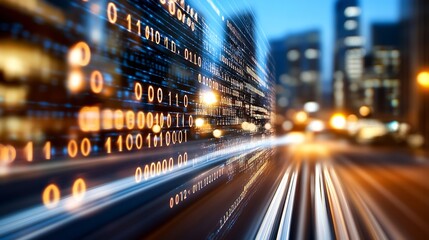 Futuristic cityscape with blurred lights and digital numbers conveying rapid data flow at night : Generative AI