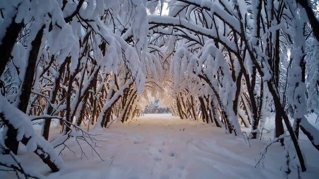 Enchanting winter forest: snowy archways and light at dusk