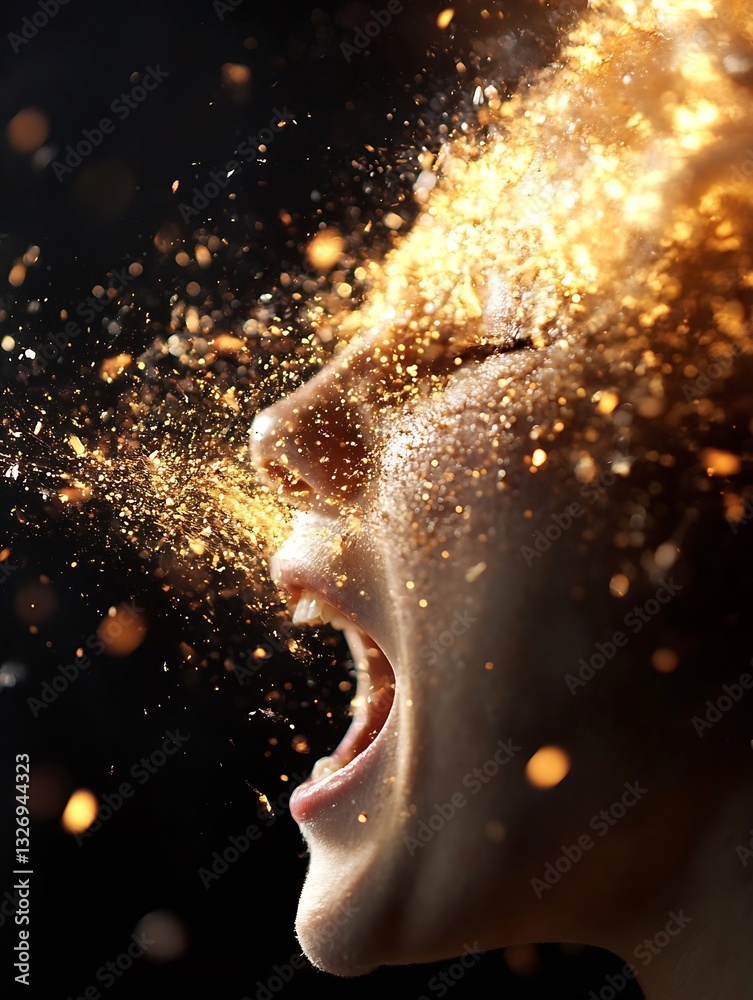 Poster Dynamic portrait of a person expressing powerful emotions with golden dust particles swirling around the face : Generative AI