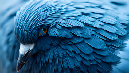 Obraz premium blue feather pigeon macro photo. texture or background, magazine photoshoot. White tone