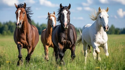 Majestic Horses Galloping Freely Across a Vibrant Green Field Under a Bright Clear Blue Sky : Generative AI