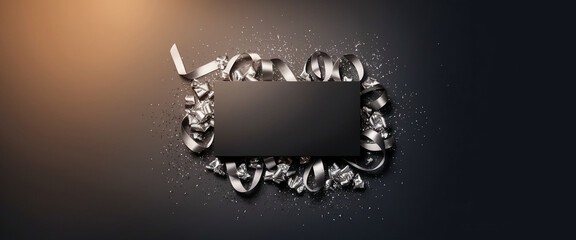 Black card mockup surrounded by silver ribbons and confetti on dark background, showcasing elegance and festive celebration, ideal for invitation or advertisement. Happy Birthday background
