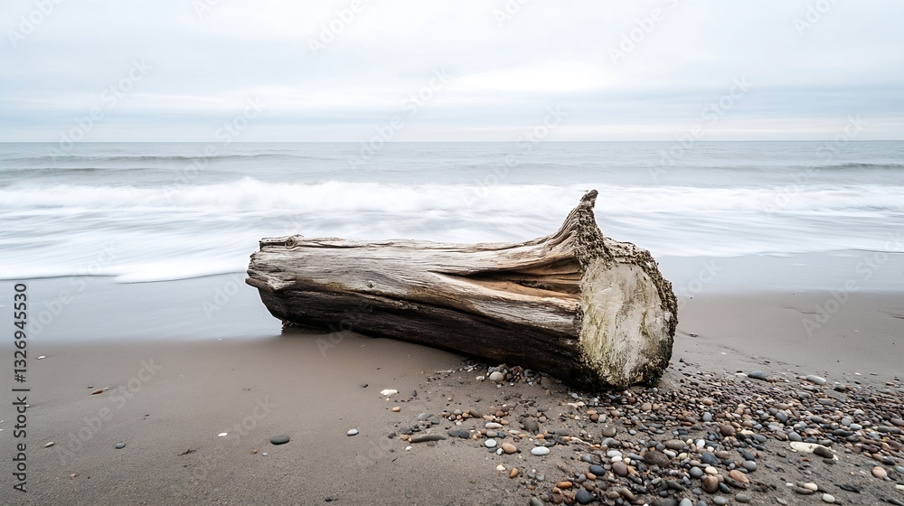 Poster a wooden log rests on the sandy beach with gentle ocean waves in the background under a peaceful sky