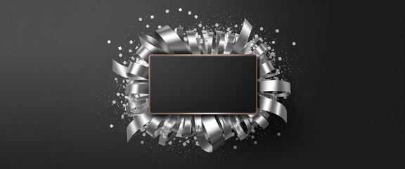 Black square frame surrounded by silver ribbons and sparkles on dark background, showcasing a blank space ideal for text, perfect for celebratory or elegant designs. Happy Birthday background