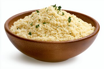 Pale Yellow Couscous in Rustic Terracotta Bowl with Parsley Garnish