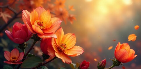 Vibrant autumn flowers in a digital painting with warm hues and intricate details, autumn, warm, painting