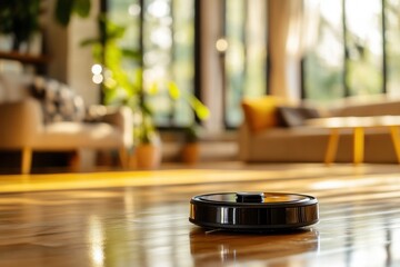 Obraz premium Modern home interior with sunlit living room and robotic vacuum cleaner on wooden floor.