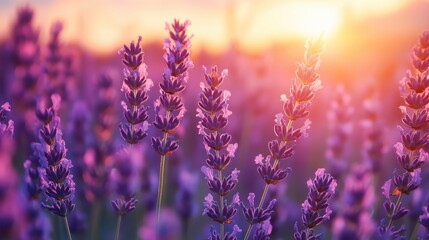 Naklejka premium Serene Lavender Field at Sunset Capturing the Essence of Floral Beauty in a Dreamy Purple Haze Landscape