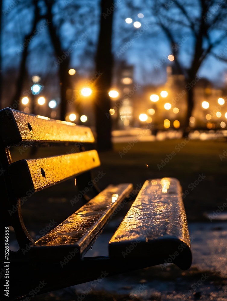 Poster misty evening scene on a park bench with glowing lights and wet surface reflecting nature : generati