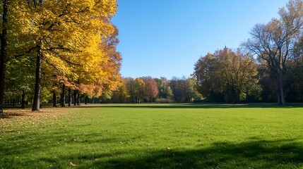 Naklejka premium Vibrant autumn scene with colorful trees and open grassy area : Generative AI