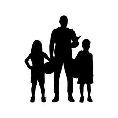 Two young children standing with their PE teachers on the football field vector.