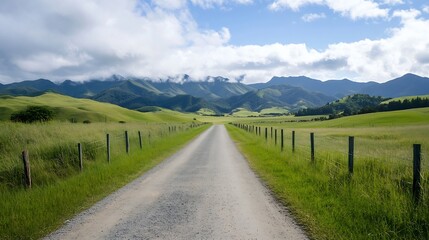 Fototapeta premium Scenic View of a Gravel Road Surrounded by Lush Green Hills and Majestic Mountains Under a Bright Blue Sky : Generative AI