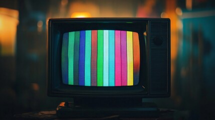 Vintage television displaying colorful stripes in retro living room setting