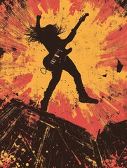 Energetic Silhouette of a Musician Playing Guitar on an Abstract Background, Symbolizing Passion and Rock Music. Ideal for Music Festival Posters, Album Covers, and Concert Promotions.