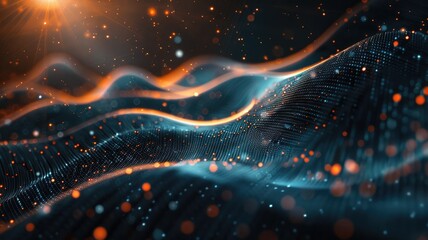 Abstract picture micro light sparkling particle represent data flow vivid flowing wave with high tech background, create digital effect scene perfect for energetic and fantasy wallpaper design. AIG53.