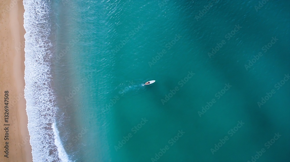 Poster aerial view of serene beach with lone surfer riding smooth waves in tranquil turquoise water : gener