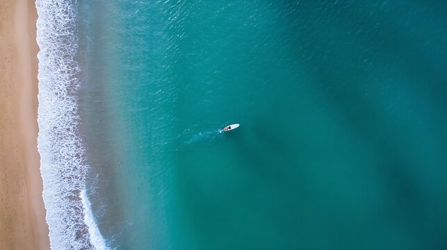 Aerial view of serene beach with lone surfer riding smooth waves in tranquil turquoise water : Generative AI