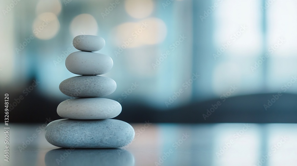 Poster stacked smooth stones forming a zenlike balance against a softly blurred background evoking serenity