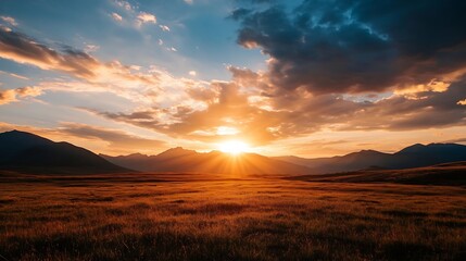 Obraz premium Stunning Sunset Over Majestic Mountains with Vibrant Clouds and Golden Light : Generative AI