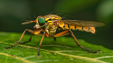 Fototapeta premium Detailed Close-up: An Intricate Examination of a Striped Tsetse Fly on a Leaf in its Natural Habitat