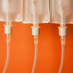 Close up of three IVs in a row, with drips, orange background. Care concept.