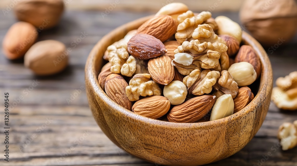 Aufkleber A beautifully arranged bowl filled with assorted nuts including almonds walnuts and hazelnuts on a rustic wooden table : Generative AI