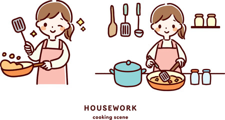 フライパンで料理をする女性の手描きイラスト