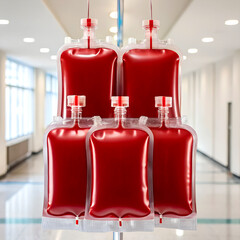 Close up of five blood bags with hospital corridor in background. Emergency hospital care concept.