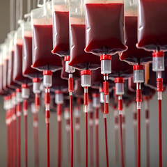 Series of hanging blood bags. Hospital care concept.