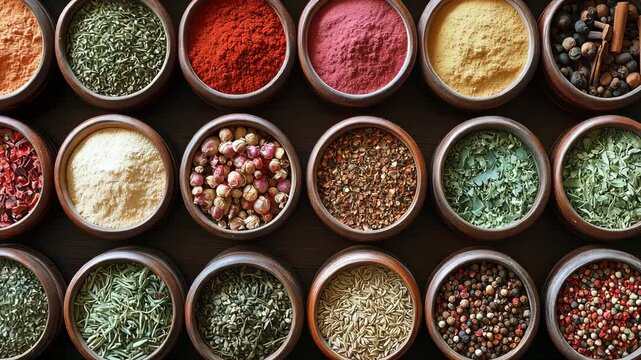 Dynamic display of vibrant spices and herbs in wooden bowls highlighting culinary diversity, chili powder, dried spicy,