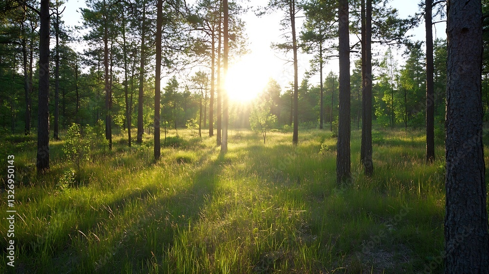 Fototapete sunlight breaking through trees illuminating a tranquil forest scene : generative ai