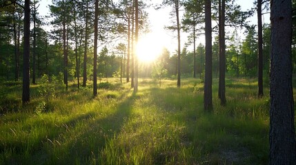Sunlight breaking through trees illuminating a tranquil forest scene : Generative AI