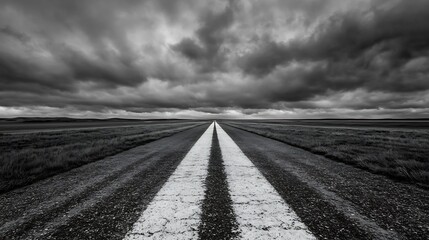 Endless road disappearing into the horizon under a dramatic sky filled with ominous clouds and mystery : Generative AI