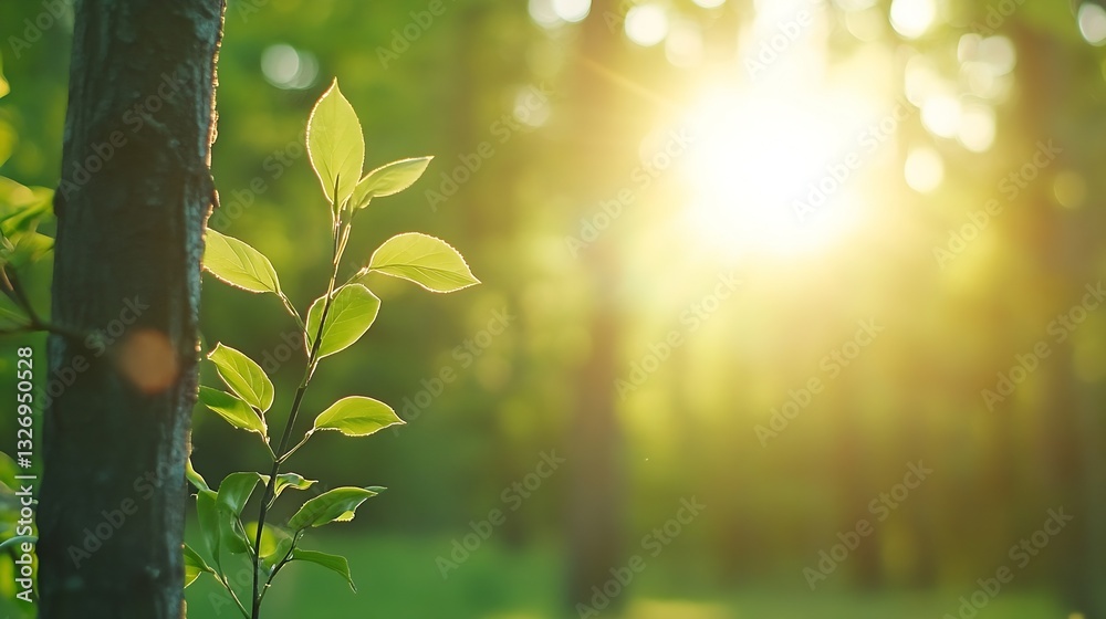 Aufkleber sunlight filtering through green leaves in lush forest setting for nature lovers : generative ai