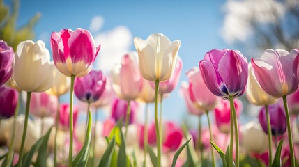 Obraz premium Beautiful Tulip Garden with Soft Pink Purple and White Flowers Against a Blue Sky