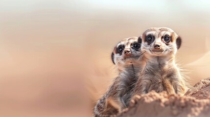 Two Curious Meerkats Gazing Playfully in a Soft Desert Landscape