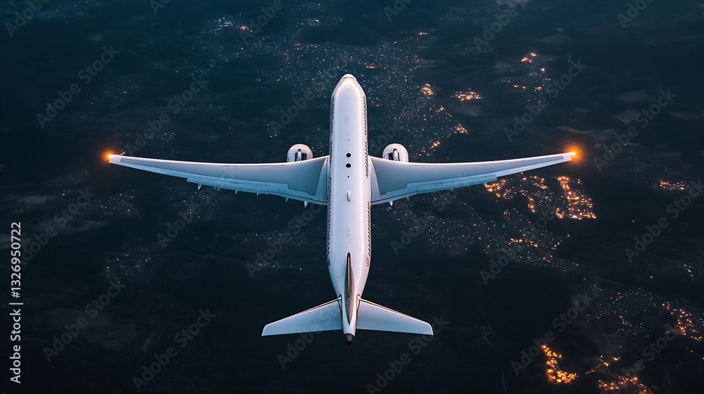 Poster airplane in flight above a twinkling city landscape captured during the evening twilight : generativ
