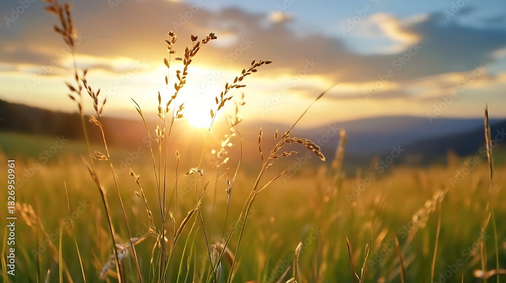 Aufkleber golden sunset over a rolling field of tall grass creating a peaceful atmosphere : generative ai