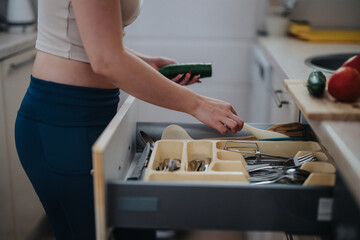 A woman sorts utensils in a kitchen drawer while holding a cucumber. The scene depicts home organization and healthy meal preparation.